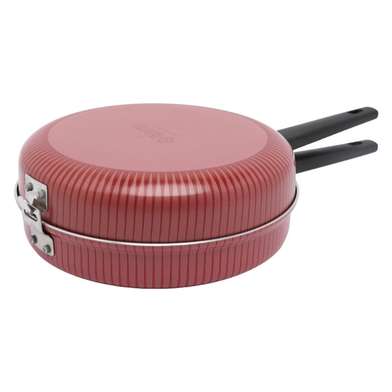 Bister Stripy Classy Double-Sided Omelette Pan 24cm - Red Aluminum Non-Stick Flip Pan with Teflon Coating, Hinged Handles & Clasp Lock - Image 1