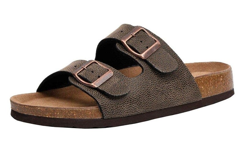 CUSHIONAIRE CUSHIONAIRE Lane Cork Footbed Sandals for Women – Comfortable Double Buckle Slip-On with Genuine Suede Footbed & Arch Support Slides for Women Footwear, BROWN 8.5 - Image 1