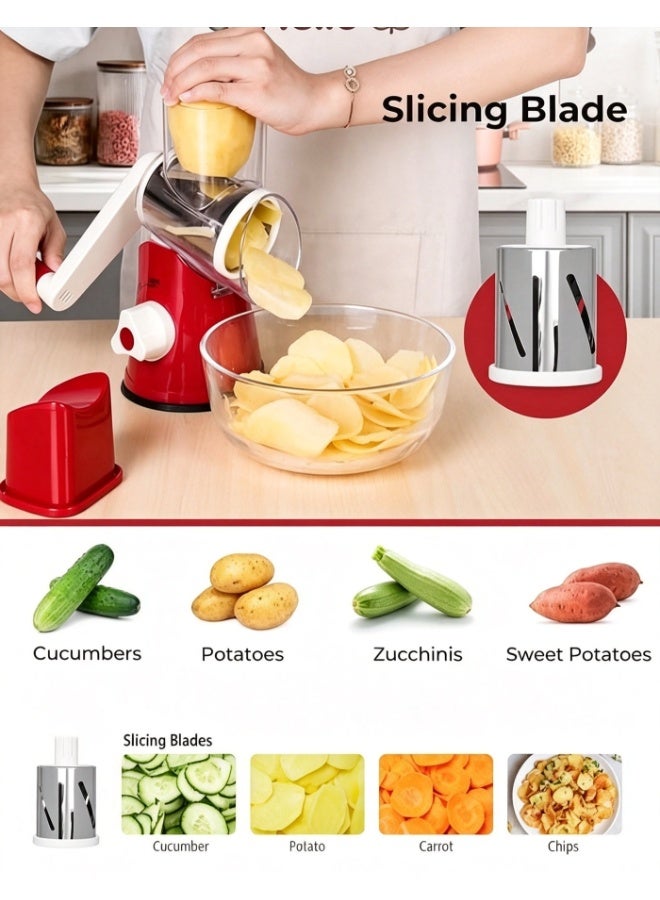 dida-cosmos Vegetable Chopper, 4-Piece Vegetable Slicer 3 in 1 Handheld Spiral Rotary Drum Slicer(Red) - Image 3