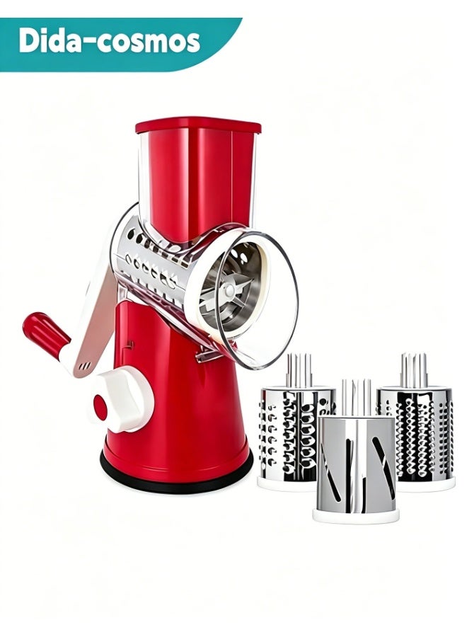 dida-cosmos Vegetable Chopper, 4-Piece Vegetable Slicer 3 in 1 Handheld Spiral Rotary Drum Slicer(Red) - Image 1