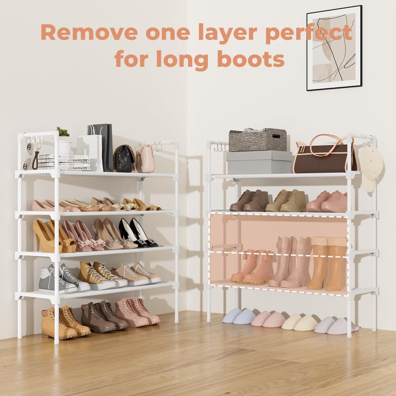 LANTEFUL 4 Tier Shoe Rack for Closet Shoe Organizer with 5 Hooks, Long Shoe Shelf Storage for Shoe and Boot Stackable Free Standing Shoe Rack for Entryway, Garage, Small Spaces, Dorm, White - Image 5