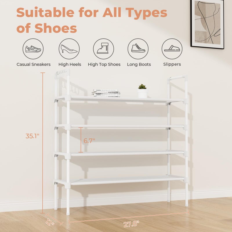 LANTEFUL 4 Tier Shoe Rack for Closet Shoe Organizer with 5 Hooks, Long Shoe Shelf Storage for Shoe and Boot Stackable Free Standing Shoe Rack for Entryway, Garage, Small Spaces, Dorm, White - Image 3