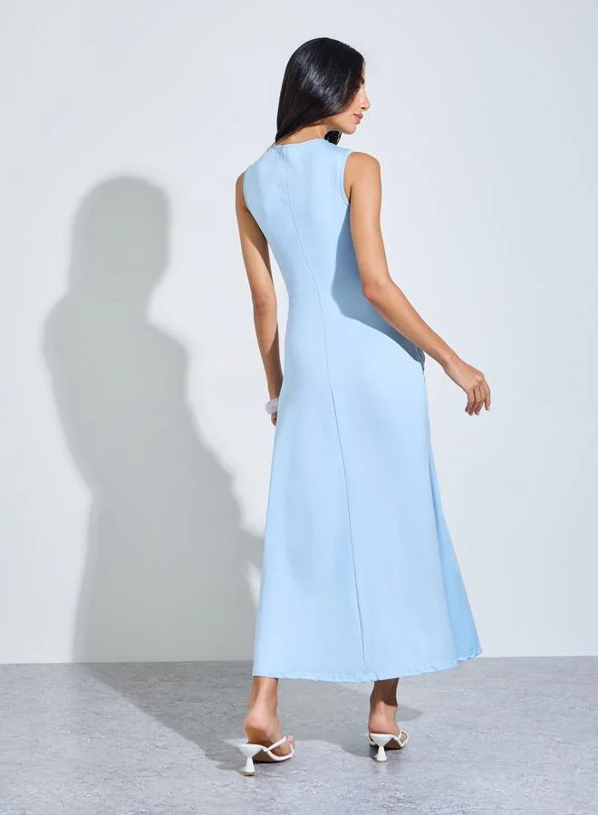 Styli  Light Blue Ruched Buckle-Detail A-Line Maxi Dress for Women | Best Price UAE