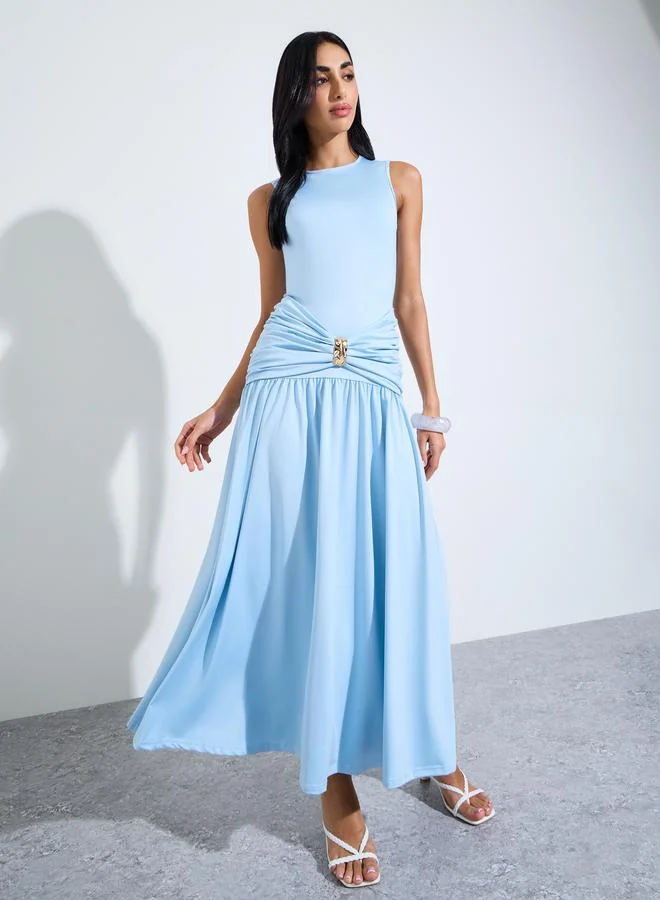 Light Blue Ruched Buckle-Detail A-Line Maxi Dress