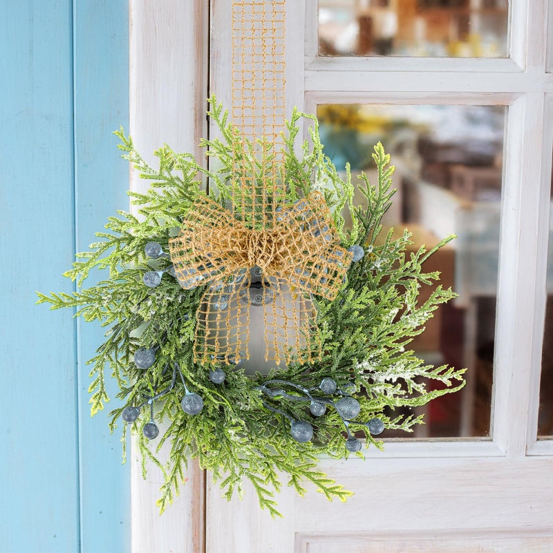 YLOLUL 6 PCS Small Winter Blue Berry Cabinet Wreath Artificial Mini Kitchen Wreaths Vintage Swags Wreath with Retro Burlap Ribbon for Farmhouse Rustic Home Front Door Window Pillar Wedding Chair Wall - Image 5
