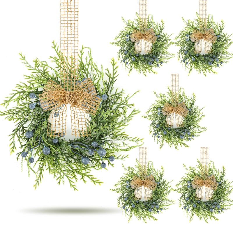 YLOLUL 6 PCS Small Winter Blue Berry Cabinet Wreath Artificial Mini Kitchen Wreaths Vintage Swags Wreath with Retro Burlap Ribbon for Farmhouse Rustic Home Front Door Window Pillar Wedding Chair Wall - Image 1