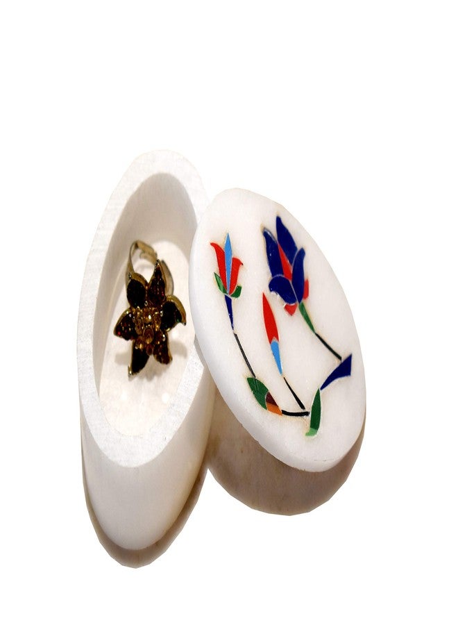 MARBOGLASS India Marble Inlay Work Jewellery Box for Small Precious Rings 3X 2 inch Oval Shaped - Image 3
