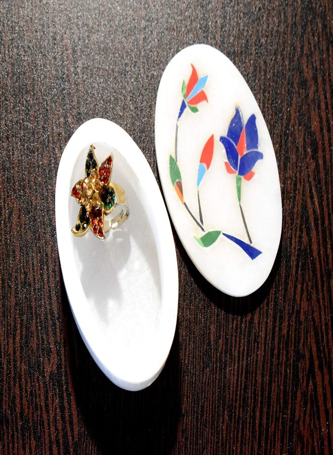 MARBOGLASS India Marble Inlay Work Jewellery Box for Small Precious Rings 3X 2 inch Oval Shaped - Image 1