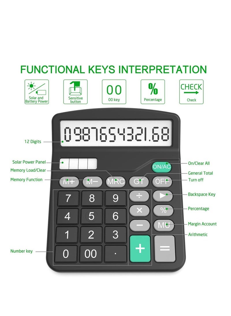 Excefore 2 Pack Standard Function Calculator, Solar & Battery Power 12 Digit Display Big Button Desktop Calculators, Suitable for Home and Office (Black) - Image 2