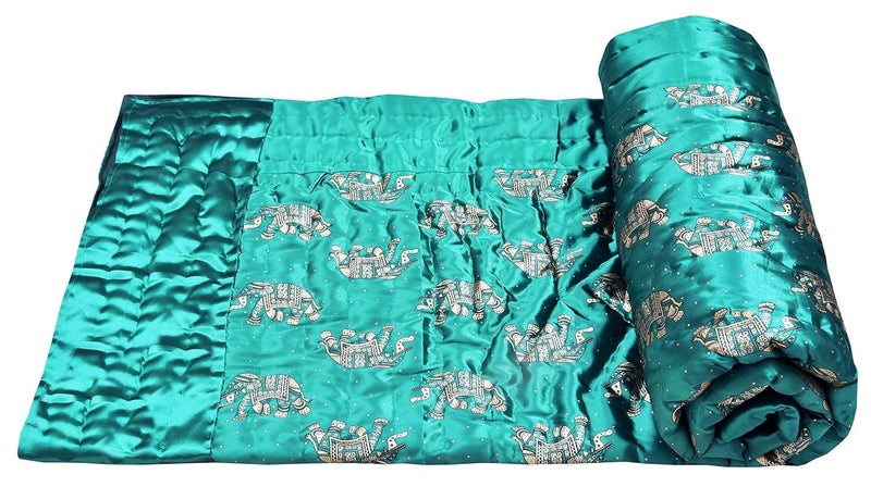 AARMOZY Cotton Soft Jaipuri Silk Razai Traditional Elephant Print Single Bed AC Blanket RAMA Green 85X55 INCHE - Image 3