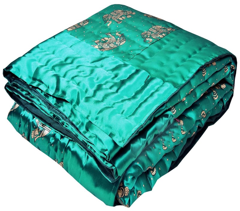 AARMOZY Cotton Soft Jaipuri Silk Razai Traditional Elephant Print Single Bed AC Blanket RAMA Green 85X55 INCHE - Image 1