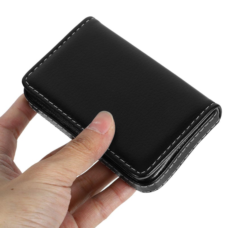 Magnetic Closure Stainless Steel Business Card Holder Black Leather Compact Case For Office - Image 4