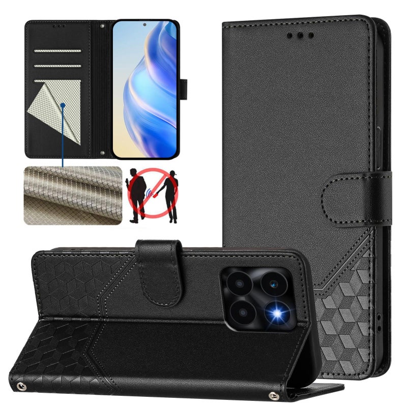 HuHa Case Cover For Honor X6a 4G Honeycomb Embossing RFID Leather Phone Case(Black) - Image 1