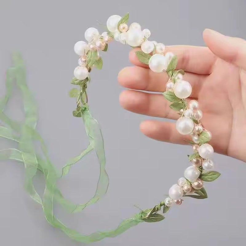 Ashkash إكسسوار شعر زفاف أنيق من لؤلؤ مزيف وورقة خضراء للنساء، مثالي لحفلات الزفاف، الحفلات والمناسبات الخاصة، غطاء رأس للحفلات | رباط شعر مزهري | رباط رأس متين - Image 4
