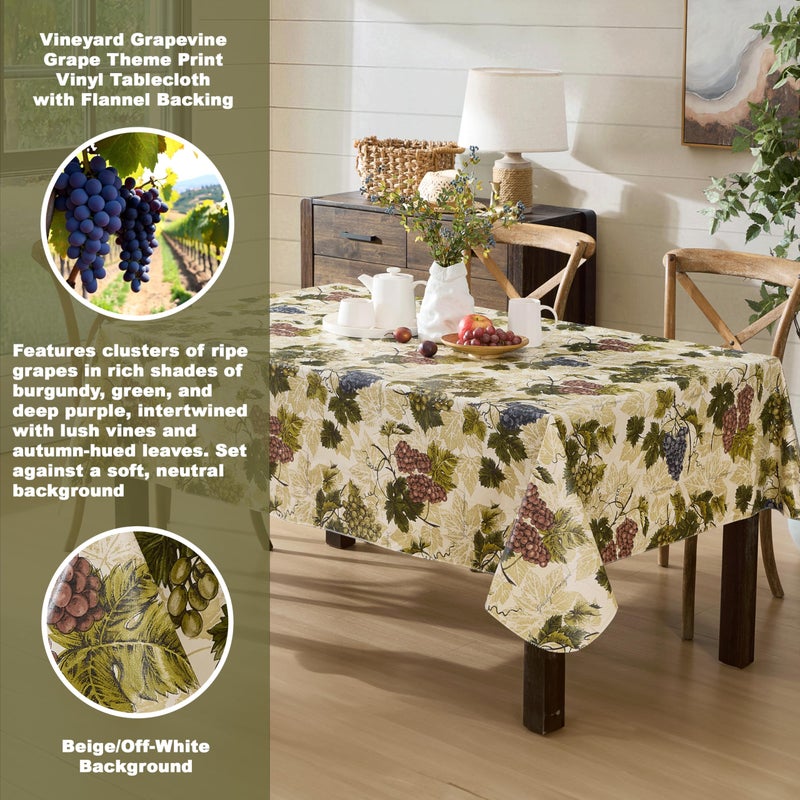 Newbridge 52 x 52 Inch Square Vinyl Tablecloth with Flannel Backing, Grapevine Print, Grape Theme Indoor Outdoor Waterproof Table Cover, Picnic, Barbeque, Patio and Kitchen Dining - Image 2