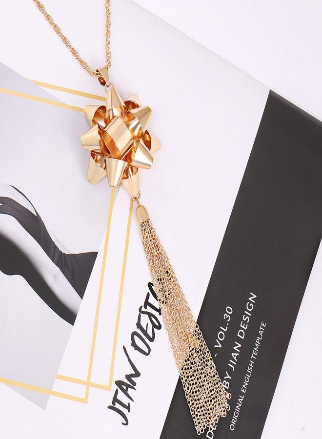 CEALXHENY Christmas Necklace for Women X-Mas Gift Bow Pendant Necklaces Chain Tassel Long Necklaces for Women (C 1 Bow Gold) - Image 3