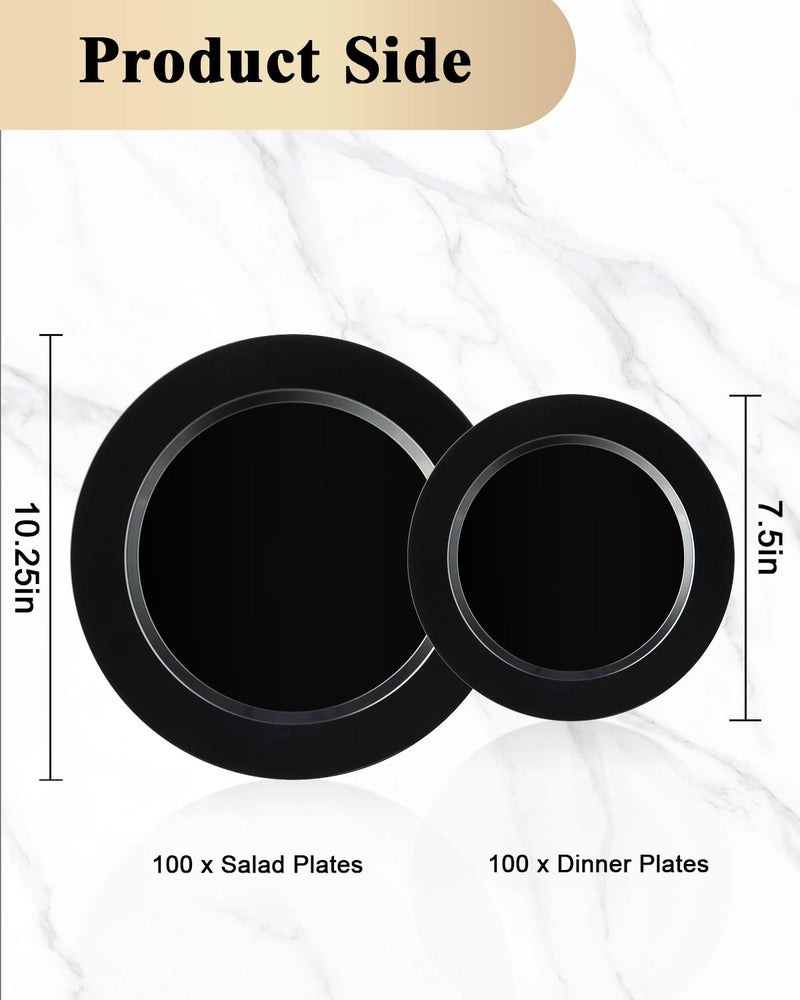 BESTVIP 200PCS Black Plastic Plates, Disposable Party Plates with 100 Dinner Plates and 100 Dessert Plates, Plastic Plates for Party, Wedding,Halloween and Birthday (Black, 200PCS) - Image 2