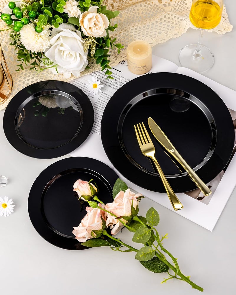 BESTVIP 200PCS Black Plastic Plates, Disposable Party Plates with 100 Dinner Plates and 100 Dessert Plates, Plastic Plates for Party, Wedding,Halloween and Birthday (Black, 200PCS) - Image 5
