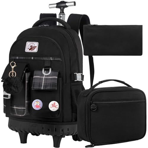 gxtvo 3PCS Rolling Backpack for Women Girls Wheeled Bookbag with Lunch Box for Adults Water Resistant Roller School Bag for College Teens Kids Travel Black - Image 1