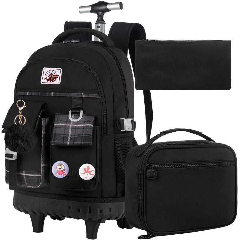 gxtvo 3PCS Rolling Backpack for Women Girls Wheeled Bookbag with Lunch Box for Adults Water Resistant Roller School Bag for College Teens Kids Travel Black - Image 2