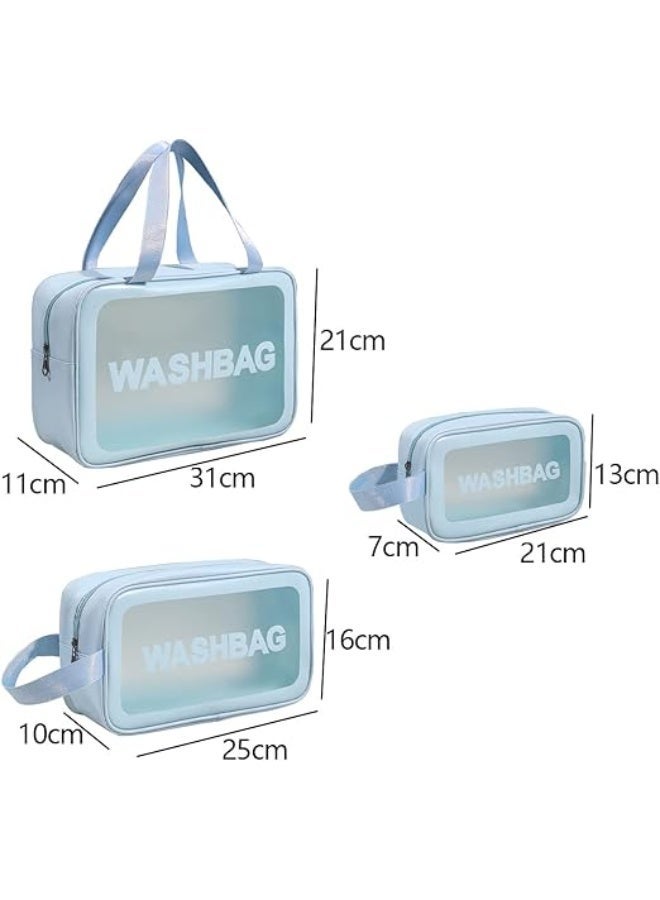 طقم حقائب مكياج سفر شفافة 3 قطع، حقيبة أدوات تجميل PVC مقاومة للماء، أزرق - Image 5