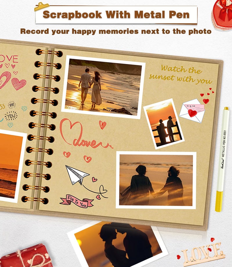 EJBLFE DIY Scrapbook Album, Hardcover Kraft 7x7 inch 40 Pages Scrap Book Photo Album with Metallic Pen for Family Memory Book, Wedding Anniversary, Tickets Etc - Image 4