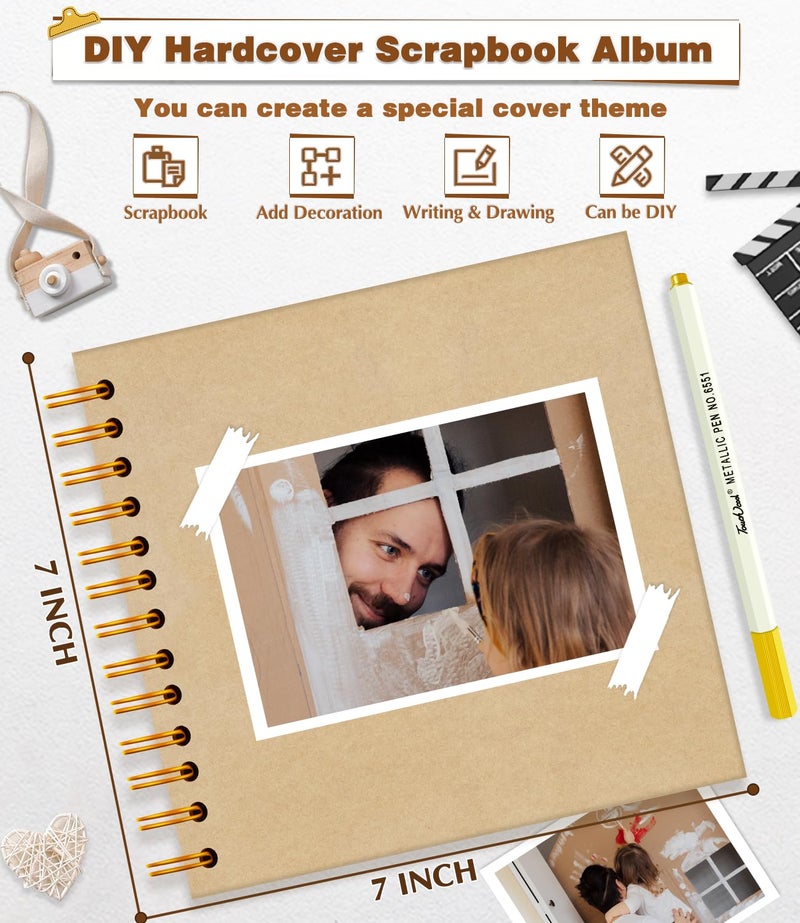 EJBLFE DIY Scrapbook Album, Hardcover Kraft 7x7 inch 40 Pages Scrap Book Photo Album with Metallic Pen for Family Memory Book, Wedding Anniversary, Tickets Etc - Image 2