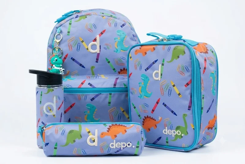Depo DEPO 4-Piece School Set for Kids – Blue Dinosaur & Crayon Pattern, 35.5cm Backpack with Insulated Lunch Bag, Pencil Case & 500ml Water Bottle
