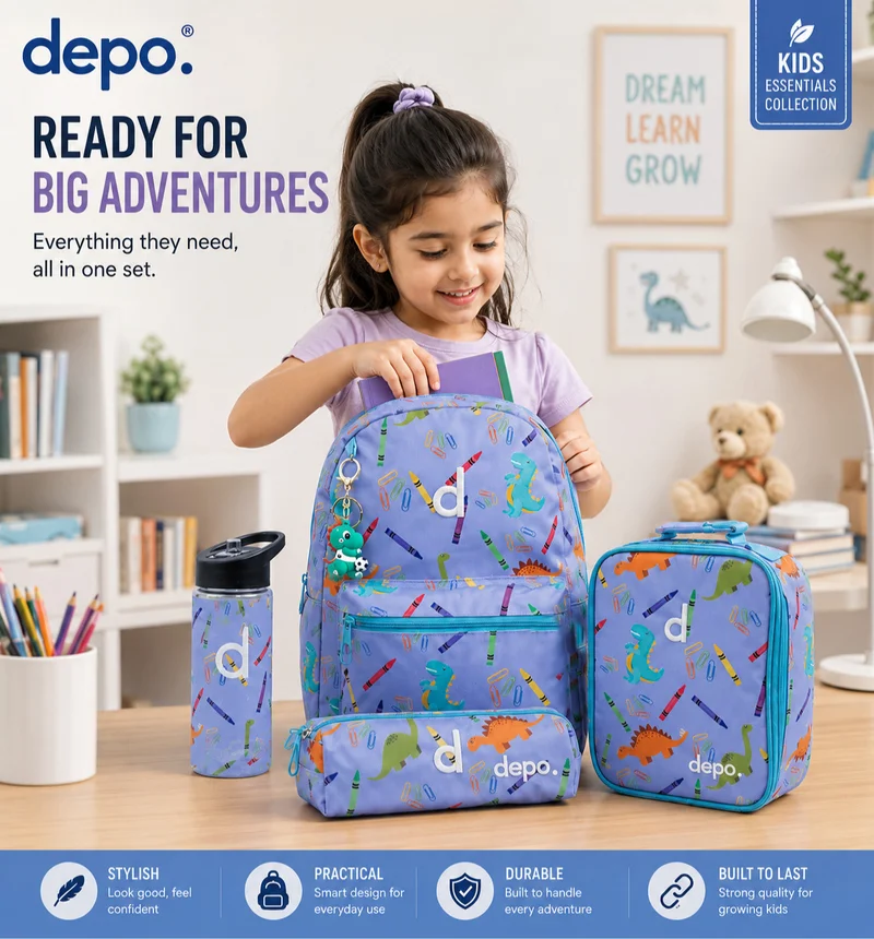 Depo DEPO 4-Piece School Set for Kids – Blue Dinosaur & Crayon Pattern, 35.5cm Backpack with Insulated Lunch Bag, Pencil Case & 500ml Water Bottle