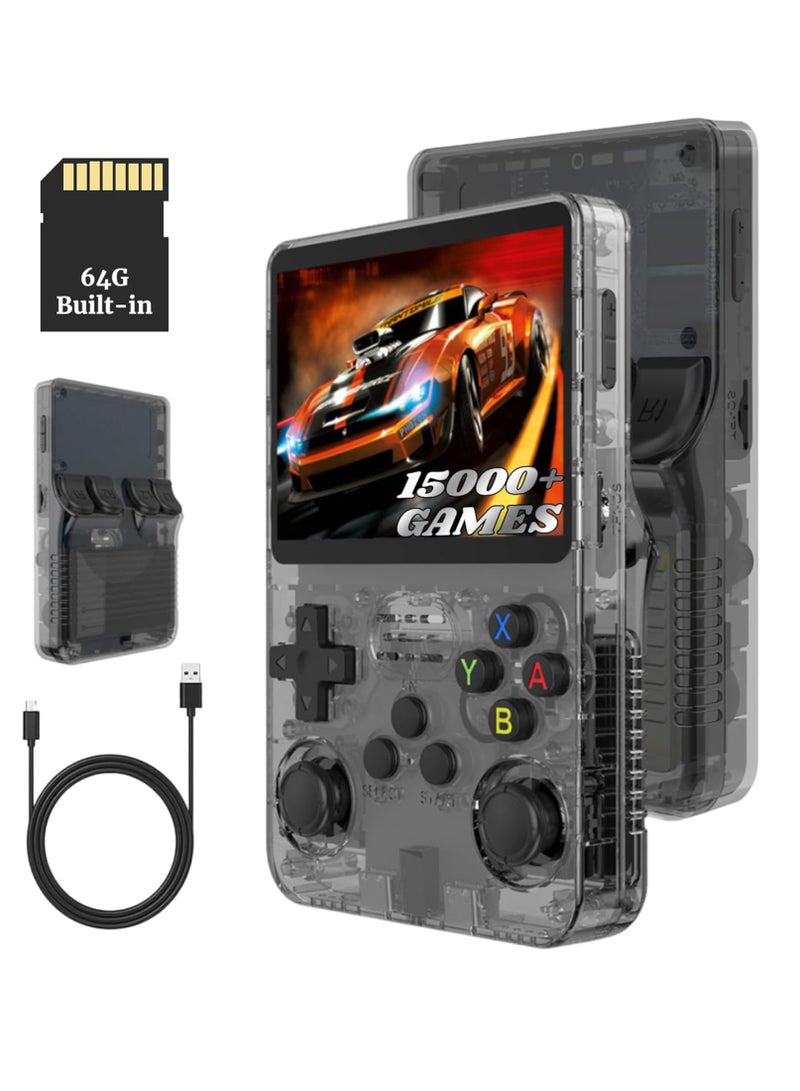 DIGI CORE R36S Game Console 3.5 Inch Portable Retro Game Console Built-in 15000+ Games With Open Source Linux System With 64GB Memory Card Video Games Console 3500mAh Battery IPS Screen Toys And Games For Kids And Adults Transparent Black  - Image 1