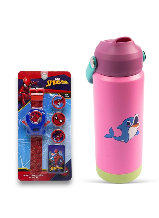 Cocobee COCOBEE-Insulated Stainless Steel Water Bottle, Leakproof, Soft Handle Grip, Odour Free, 500Ml, 3 Years+ – Pink + Marvel Spider-Man Disc Launcher Watch for Kids