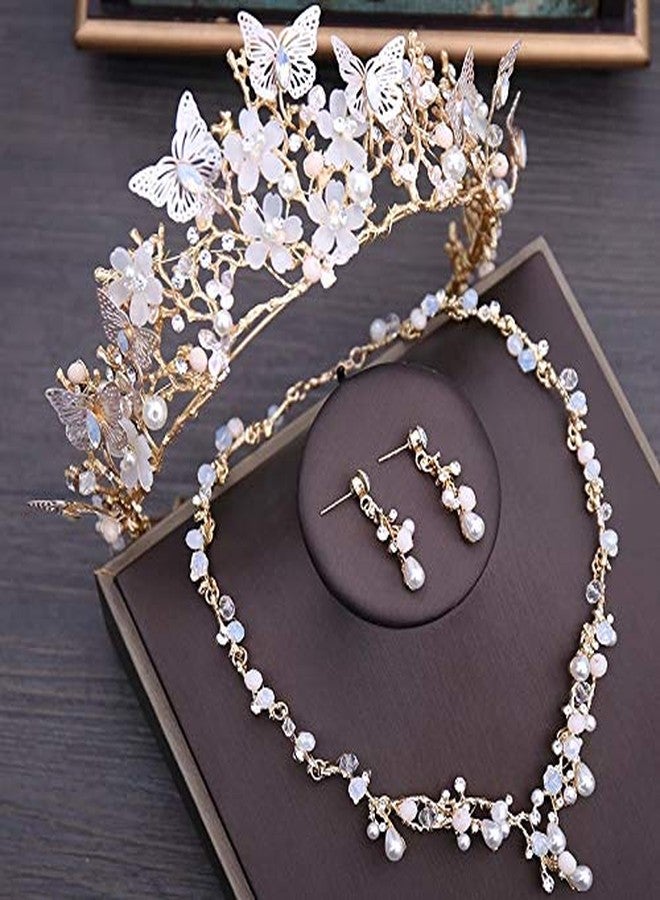 Koolouispoper Luxury Crystal Beads Pearl Butterfly Costume Jewelry Sets Floral Rhinestone Choker Necklace Earrings Tiara Wedding Jewelry Set (3Pcs Jewelry Set) - Image 1