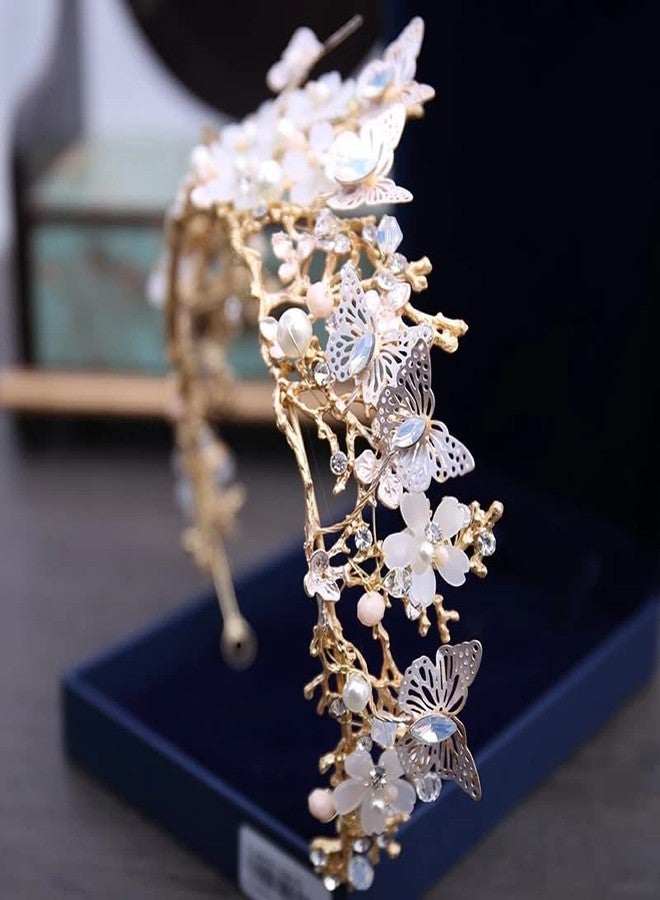 Koolouispoper Luxury Crystal Beads Pearl Butterfly Costume Jewelry Sets Floral Rhinestone Choker Necklace Earrings Tiara Wedding Jewelry Set (3Pcs Jewelry Set) - Image 3