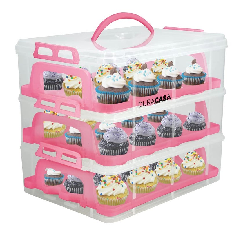 DuraCasa Cupcake Carrier  Holds Up to 36 Cupcakes or Muffins  Stacking Cupcake Storage Container  Use 1 2 or 3 Tiers Pink