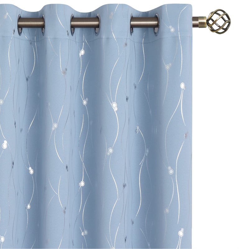 BGment Room Darkening Curtains 45 Inches Long  Grommet Thermal Insulated Blackout Curtains with Wave Line and Dots Printed for Bedroom  2 Panels  Each 52 x 45 Inch  Light Blue - Image 1