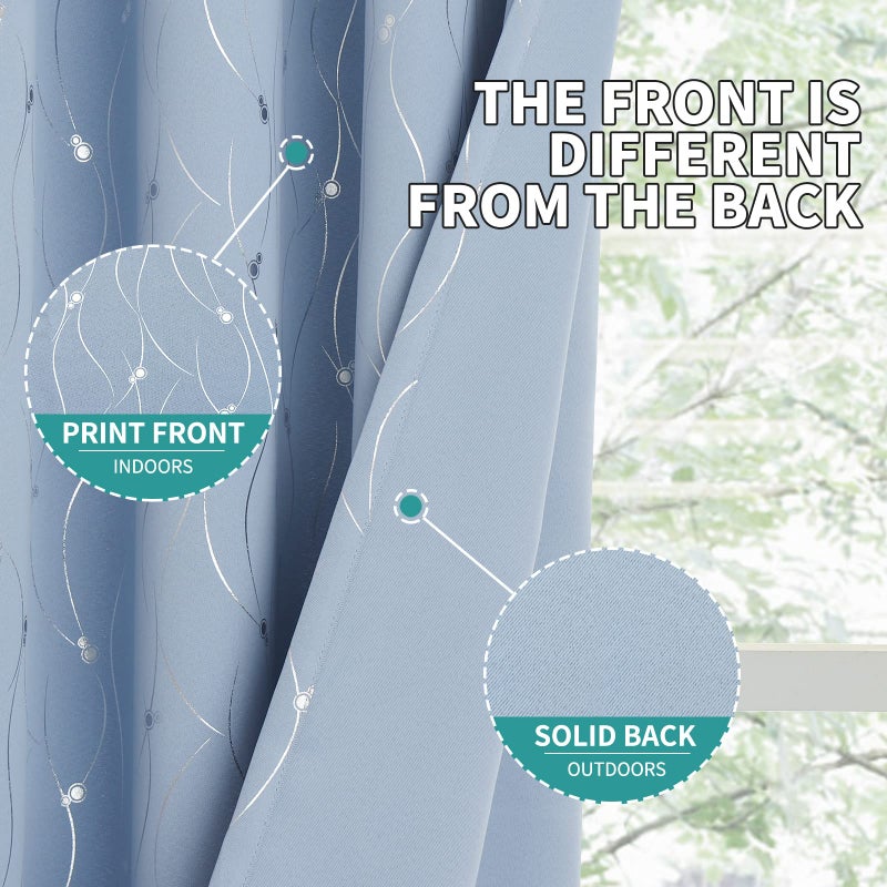 BGment Room Darkening Curtains 45 Inches Long  Grommet Thermal Insulated Blackout Curtains with Wave Line and Dots Printed for Bedroom  2 Panels  Each 52 x 45 Inch  Light Blue - Image 4