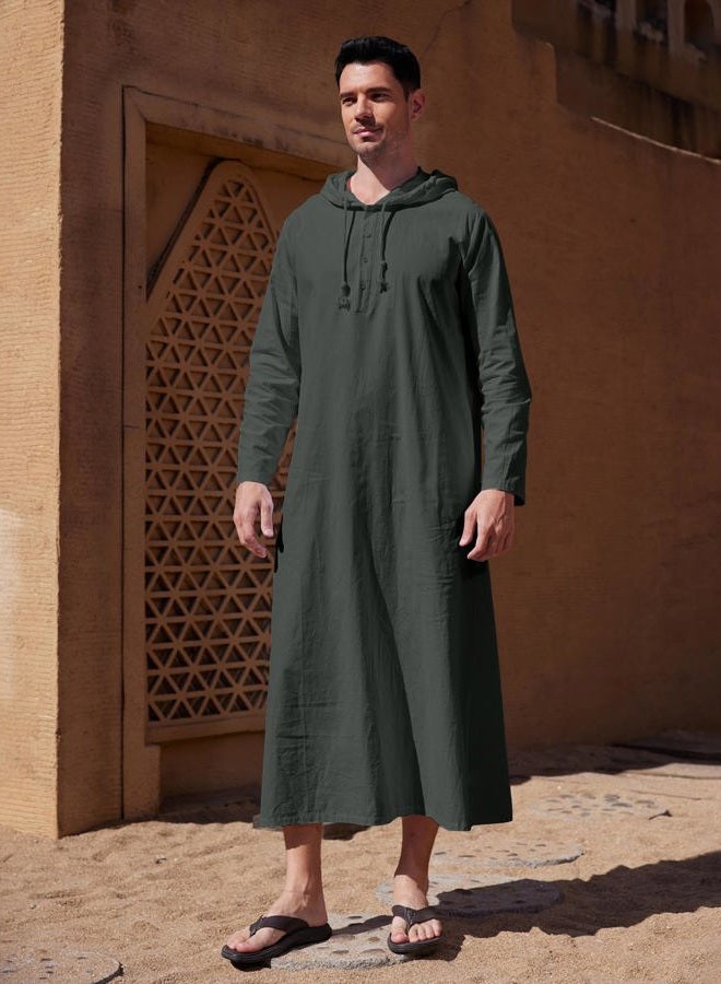 YAOHUOLE ثوب إسلامي رجالي بأكمام طويلة كاجوال مع غطاء رأس وسحاب جيب رمادي داكن L - Image 2