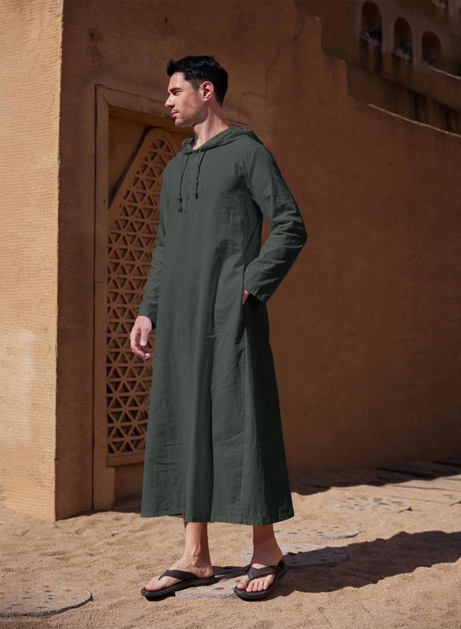 YAOHUOLE ثوب إسلامي رجالي بأكمام طويلة كاجوال مع غطاء رأس وسحاب جيب رمادي داكن L - Image 3