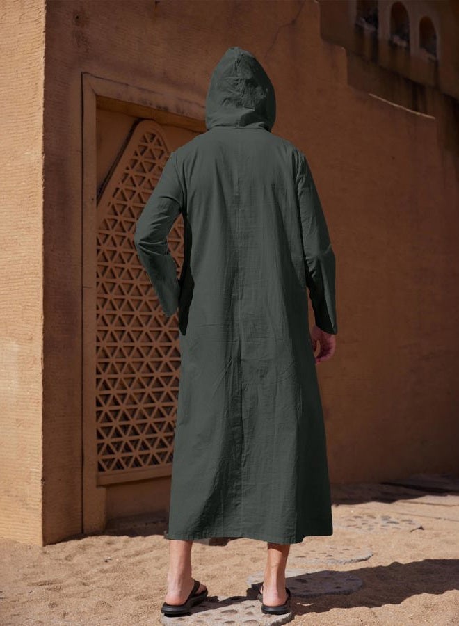 YAOHUOLE ثوب إسلامي رجالي بأكمام طويلة كاجوال مع غطاء رأس وسحاب جيب رمادي داكن L - Image 4