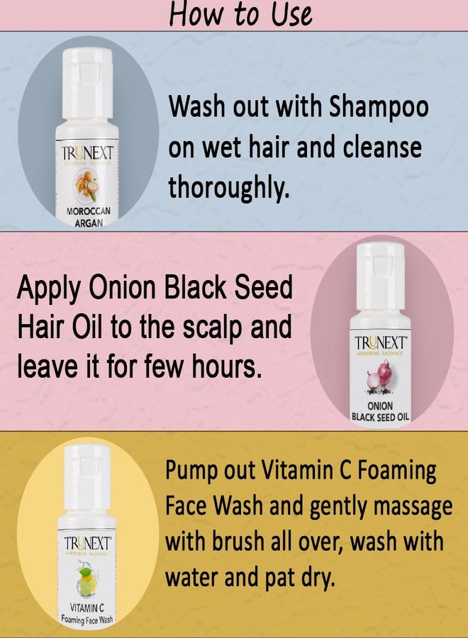 TRUNEXT Moroccan Argan Black Hair Fall Control Shampoo, Onion Black Seed Hair Oil original, Vitamin C Foaming Facewash For Oily Skin Women Skin Care 60ml (Combo Pack Of 3) - Image 3
