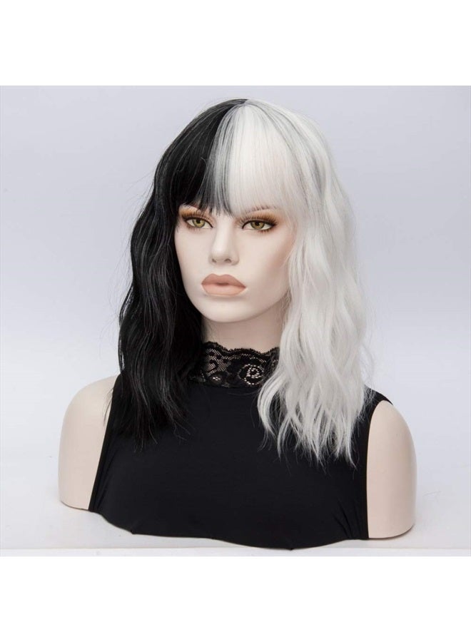 QACCF Short Wavy Shoulder Length Women Full Bang Heat Resistant Wig (Black and White) - Image 4