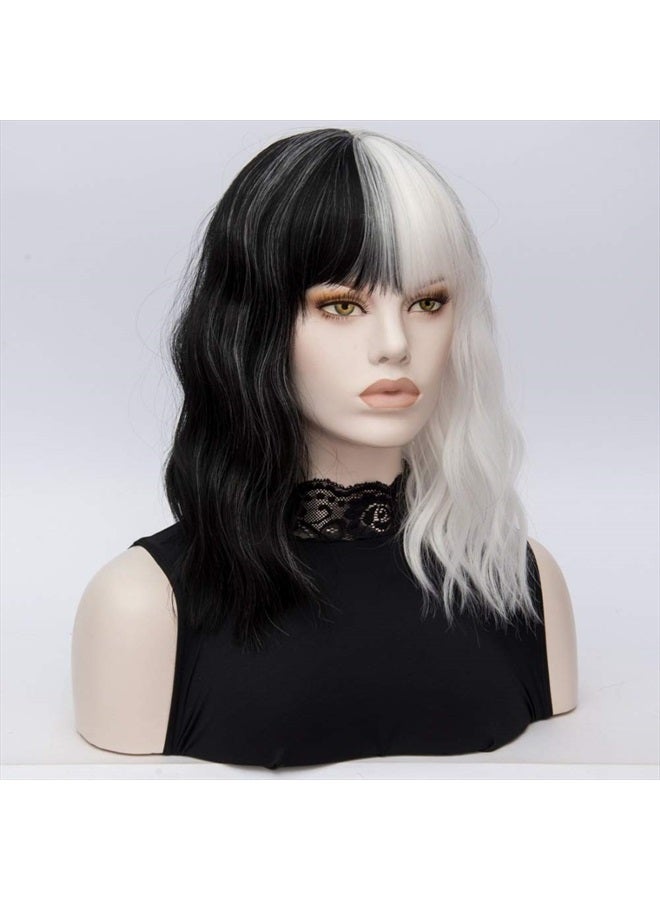 QACCF Short Wavy Shoulder Length Women Full Bang Heat Resistant Wig (Black and White) - Image 3