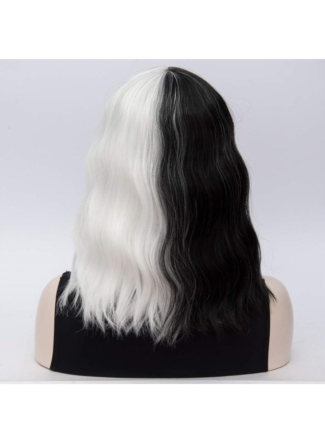 QACCF Short Wavy Shoulder Length Women Full Bang Heat Resistant Wig (Black and White) - Image 5