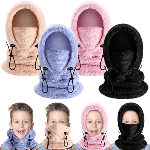 Jeere 4 Pcs Balaclava Face Mask Kids Winter Windproof Ski Mask Hooded Scarf Head Neck Cover for Cold Weather Skiing Cycling Light Color - Image 1
