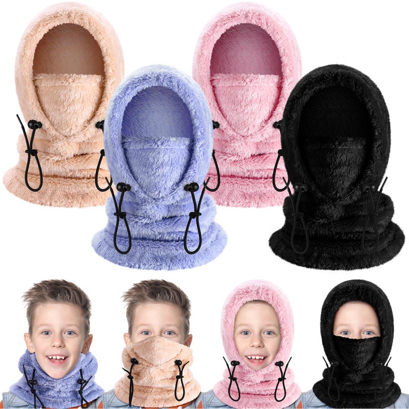 Jeere 4 Pcs Balaclava Face Mask Kids Winter Windproof Ski Mask Hooded Scarf Head Neck Cover for Cold Weather Skiing Cycling Light Color - Image 2