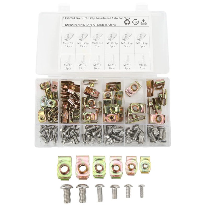 115pcs U Nut Kit, 4 Size M4 M5 M6 M8, Galvanized Car Screw Assortment, U Nut and Screw Kit for Car, Strength Stainless Steel Fasteners - Image 1