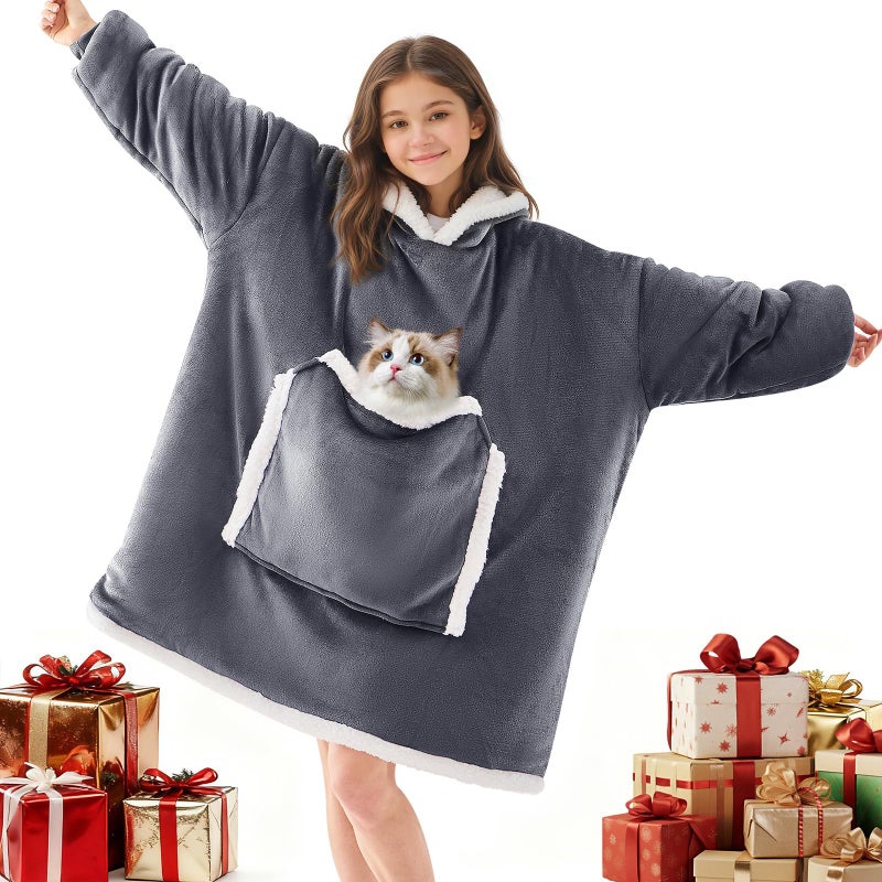JOYWOO Small Wearable Blanket Hoodie,Oversized Cat Lovers Sweatshirt Blanket for Adult & Teens,Birthday Valentines Day Gifts for Teen Girls Boys Women 8-12,Cozy Sherpa Blanket Giant Pocket Gifts,Grey - Image 1