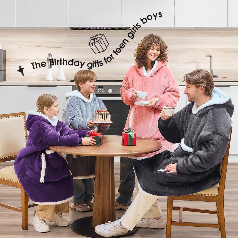 JOYWOO Small Wearable Blanket Hoodie,Oversized Cat Lovers Sweatshirt Blanket for Adult & Teens,Birthday Valentines Day Gifts for Teen Girls Boys Women 8-12,Cozy Sherpa Blanket Giant Pocket Gifts,Grey - Image 3