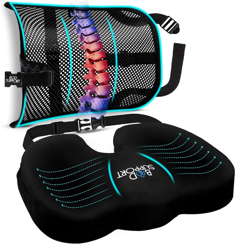 Bod Support Bod Support Seat Cushions for Office Chairs with Lumbar Support Desk Chairs and Car Seats Adjustable Straps and NonSlip Ergonomic Design for Tailbone and Lower Back Pain Relief for All Day Use 