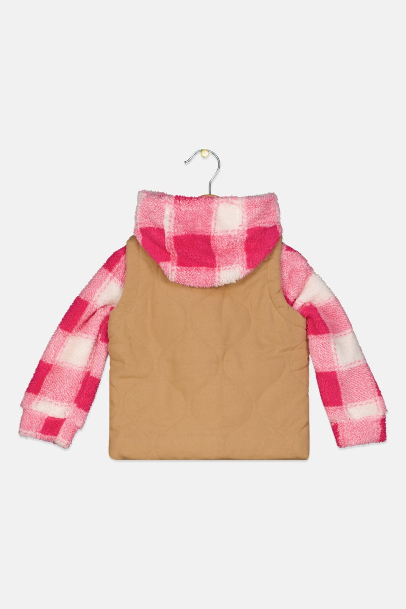 Bass Creek Outfitters جاكيت مخطط بغطاء رأس للفتيات الصغيرات، بني - Image 2